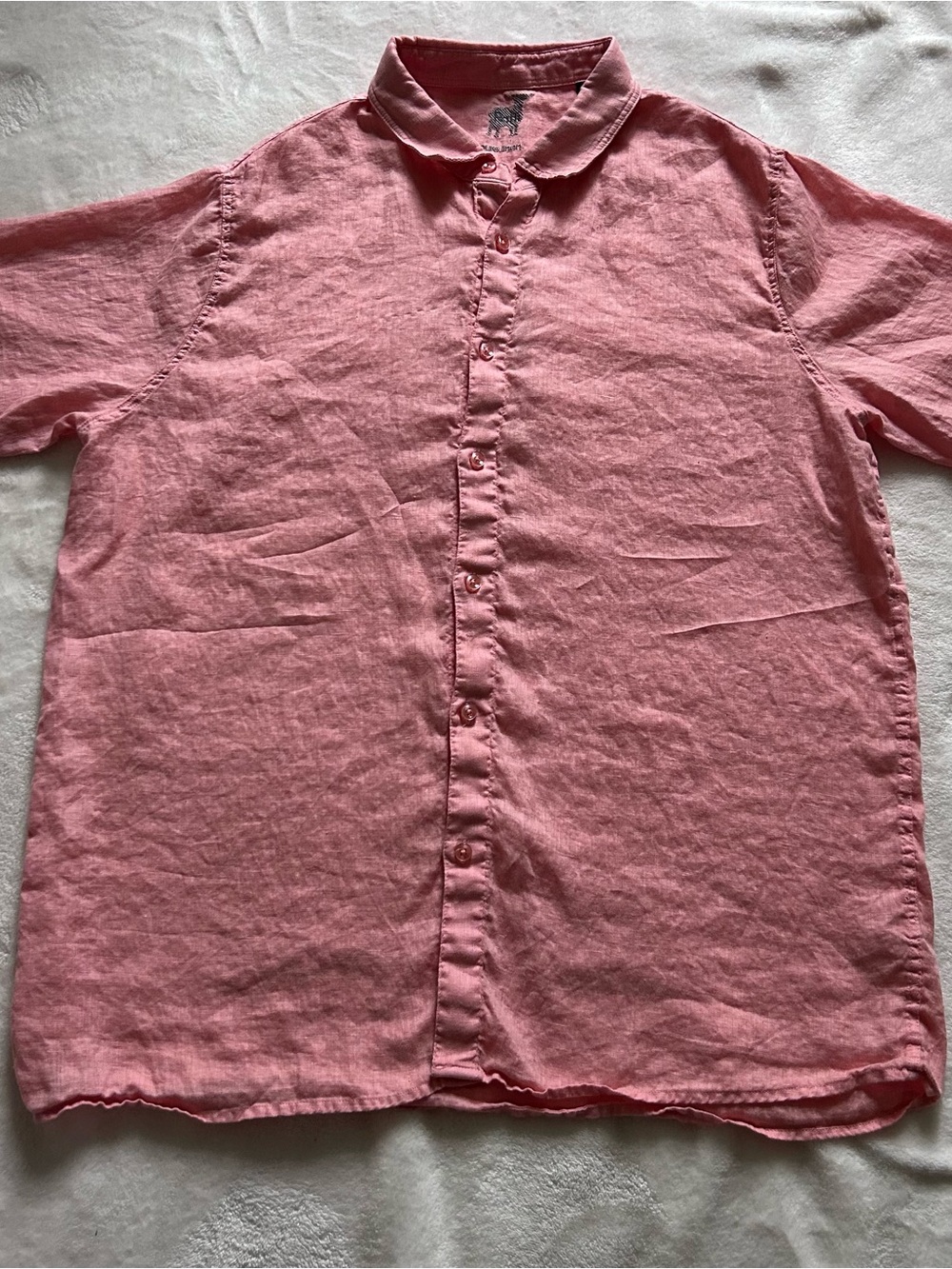 Raffi 100% Linen Short-Sleeve Button-Down Shirt in Light Coral Salmon Pink Large